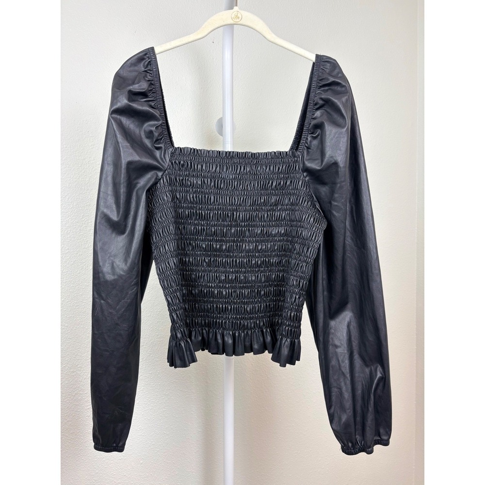 Bagatelle Women's XL Y2K Black Faux Leather Smocked Crop Top Milkmaid Goth